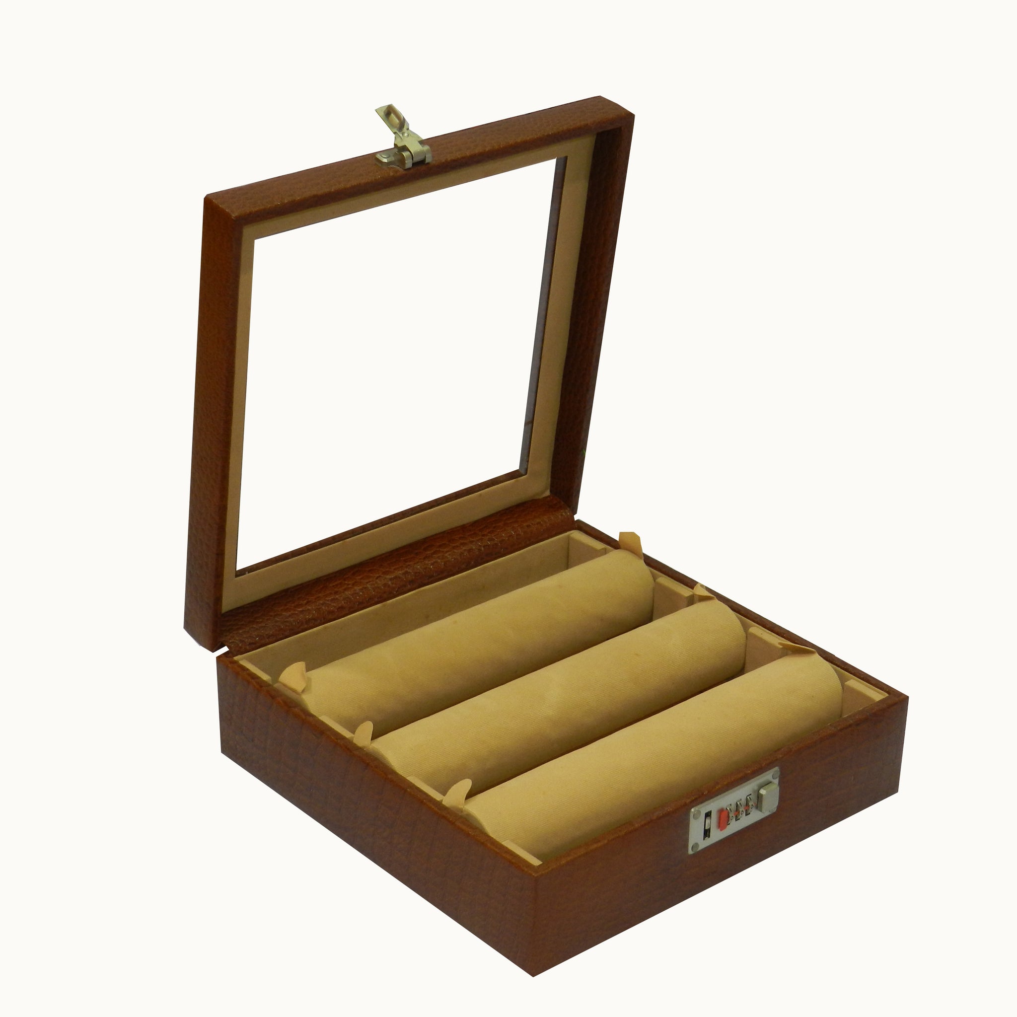 Bangle Box 3 Road Premium Quality Leather Brown Box Glass Top