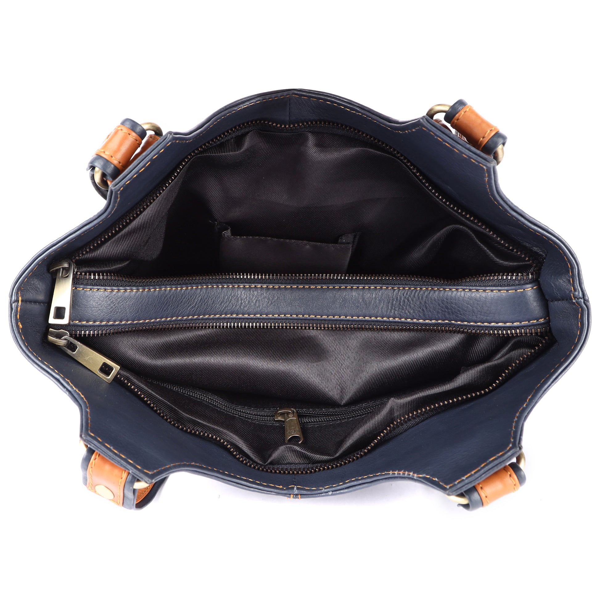 Blue and tan women’s handbag