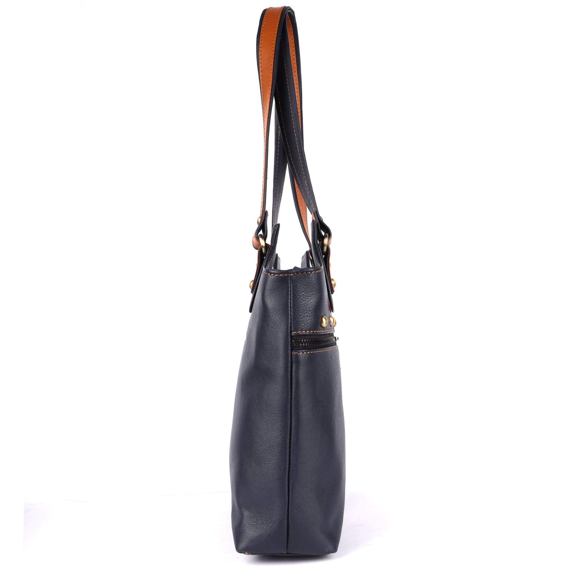 Blue and tan women’s handbag